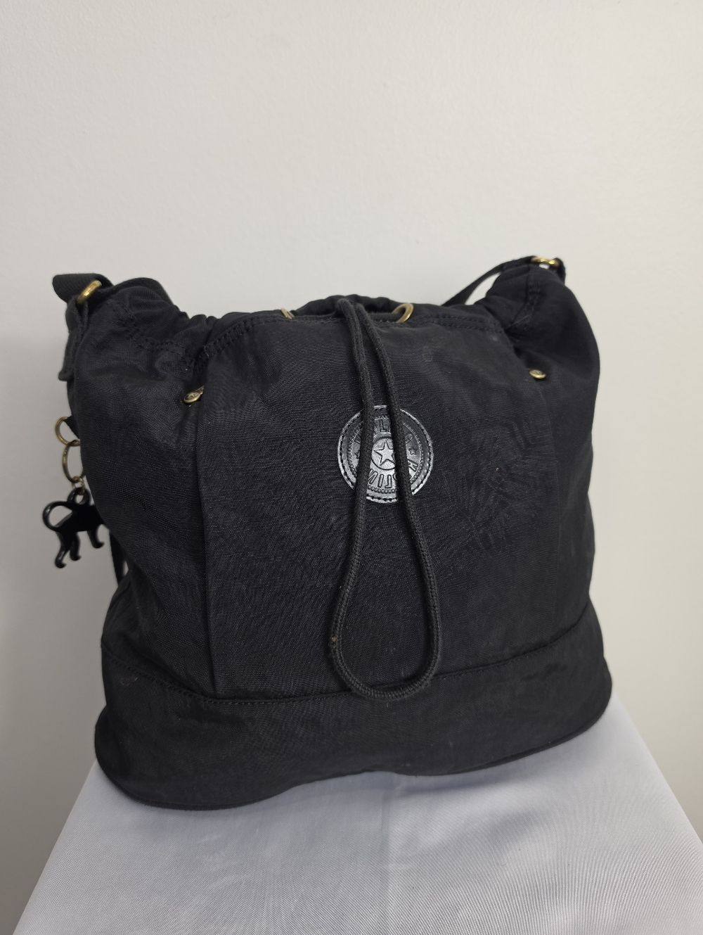 Kipling Black Drawstring Hobo Shoulder Bag with Monkey Charm Unisex